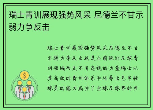 瑞士青训展现强势风采 尼德兰不甘示弱力争反击