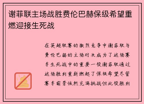 谢菲联主场战胜费伦巴赫保级希望重燃迎接生死战