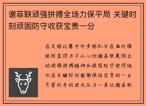 谢菲联顽强拼搏全场力保平局 关键时刻顽固防守收获宝贵一分