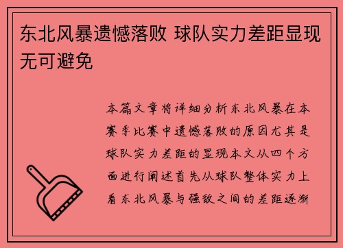 东北风暴遗憾落败 球队实力差距显现无可避免