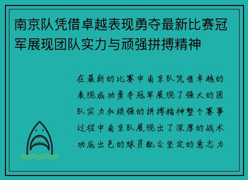 南京队凭借卓越表现勇夺最新比赛冠军展现团队实力与顽强拼搏精神