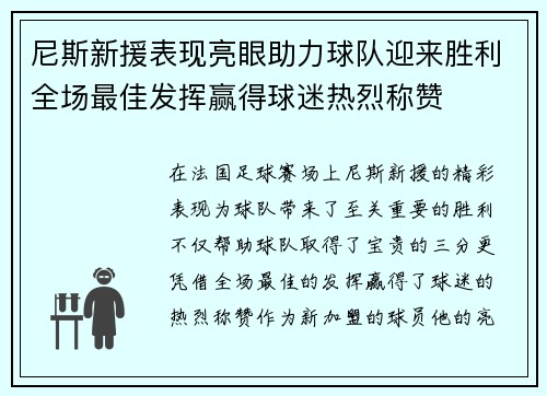 尼斯新援表现亮眼助力球队迎来胜利全场最佳发挥赢得球迷热烈称赞