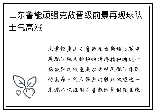 山东鲁能顽强克敌晋级前景再现球队士气高涨