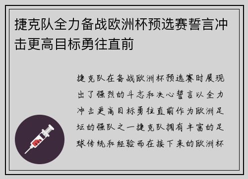 捷克队全力备战欧洲杯预选赛誓言冲击更高目标勇往直前