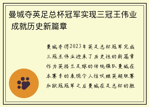 曼城夺英足总杯冠军实现三冠王伟业 成就历史新篇章