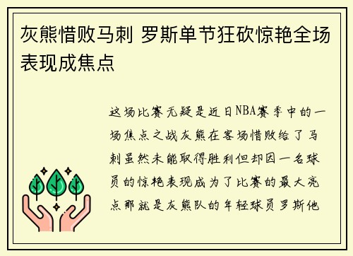 灰熊惜败马刺 罗斯单节狂砍惊艳全场表现成焦点
