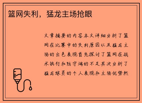 篮网失利，猛龙主场抢眼