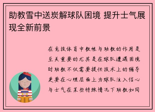助教雪中送炭解球队困境 提升士气展现全新前景