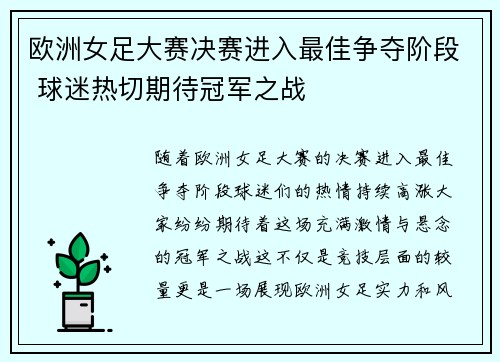 欧洲女足大赛决赛进入最佳争夺阶段 球迷热切期待冠军之战